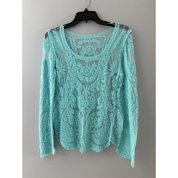 Blue Sheer Embroidered Lace Top Womens Medium Floral Boho Festival Layer Beach - Picture 13 of 13